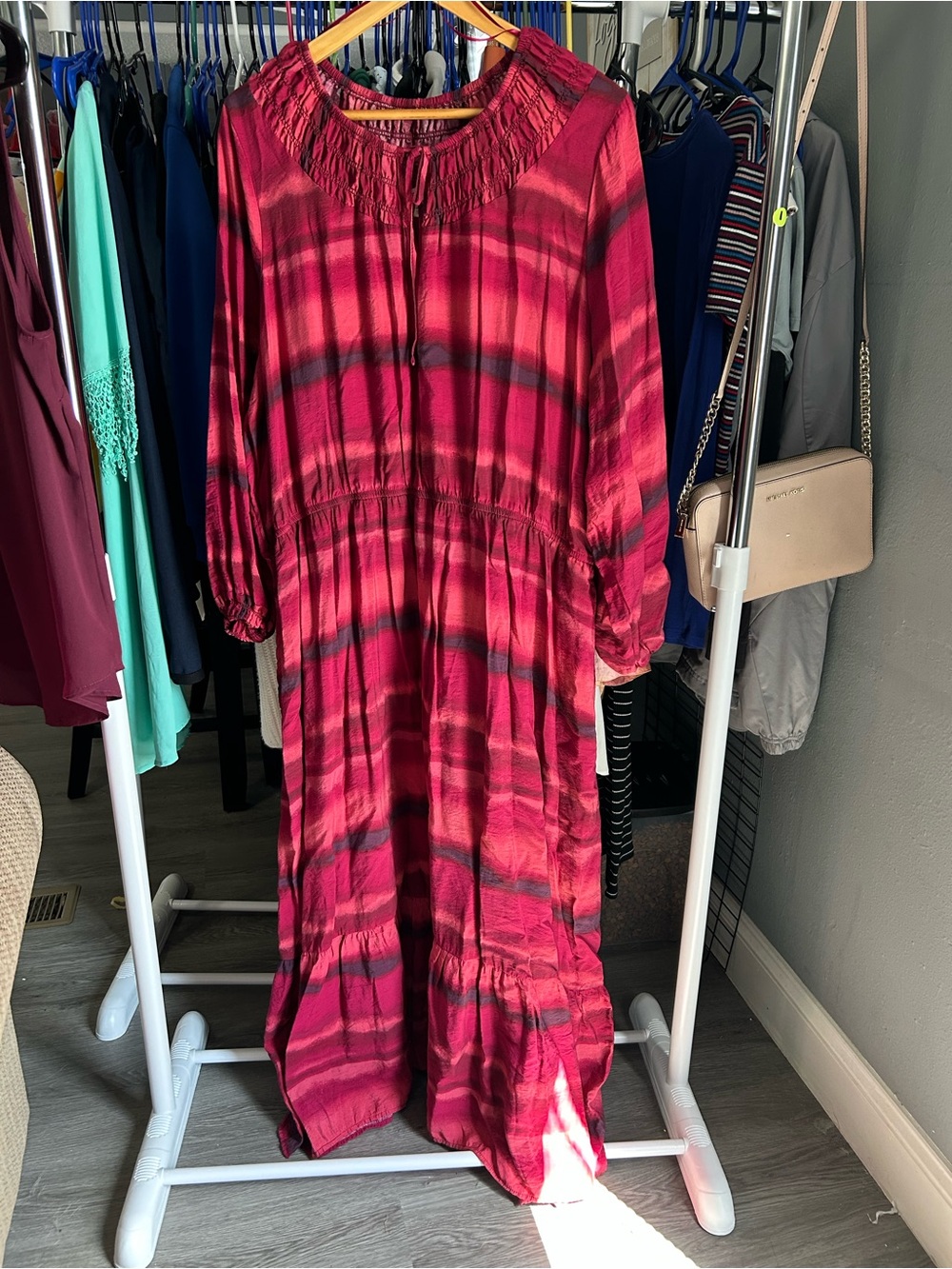 Women’s Burgundy Tie-Dye Maxi Dress - Lightweight Long Sleeve